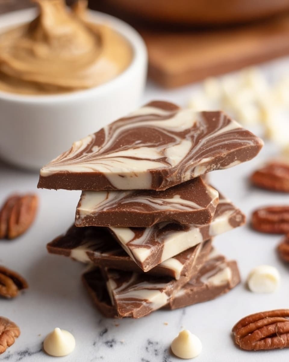 The image shows a stack of five triangular pieces of marbled chocolate bark with swirls of dark and white chocolate, each piece layered evenly and textured with a smooth but slightly glossy surface. To the left, there is a white bowl filled with a creamy, light brown peanut butter spread that looks thick and smooth. The background has scattered whole and halved pecans and white chocolate chips, all set against a white marbled surface. The focus emphasizes the rich textures and colors of the chocolate bark with a slight blur on the background photo taken with an iphone --ar 4:5 --v 7