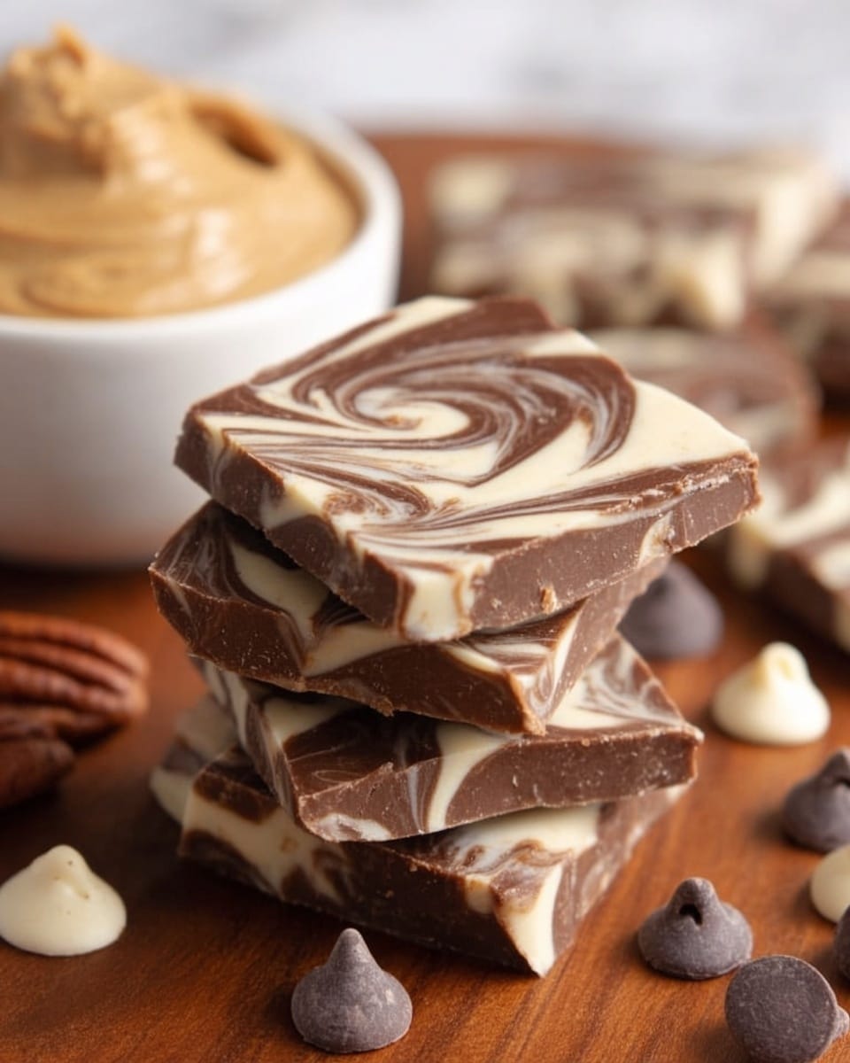 The image shows a stack of four pieces of marbled chocolate bark with swirls of dark brown and creamy white colors, each piece square and slightly rough in texture, placed on a wooden surface. To the left, there is a white bowl filled with smooth, creamy light brown peanut butter, partially out of focus. Around the bark and bowl, some whole pecans and chocolate chips in dark and white shades are scattered softly on the wooden surface. The background has a white marbled texture. Photo taken with an iphone --ar 4:5 --v 7