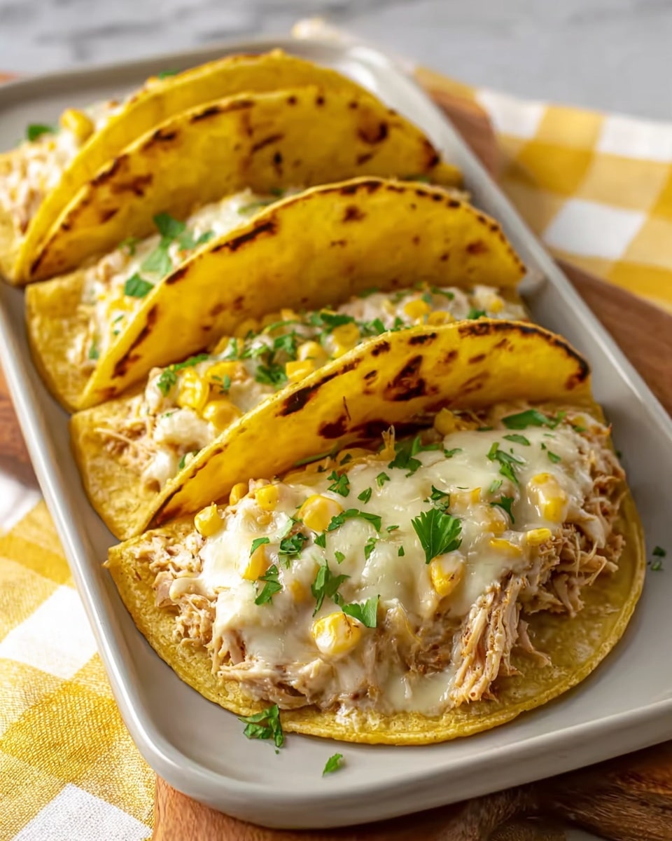 Four tacos are lined up on a long white plate, each folded yellow corn tortilla toasted with brown grill marks. Inside each tortilla, there is a layer of shredded light brown chicken mixed with melted white cheese that’s soft and creamy. Yellow corn kernels and small green cilantro leaves are sprinkled throughout the filling. The plate is placed on a white marbled texture with a yellow and white checkered cloth underneath. photo taken with an iphone --ar 4:5 --v 7