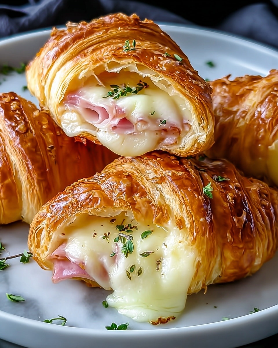 The image shows three croissants with a golden brown, shiny, flaky outer layer that looks crisp and buttery. Each croissant is sliced open revealing a creamy, melted white cheese layer inside, along with bits of light pink ham. Small green herb leaves are sprinkled on top and around the croissants for decoration, all placed on a white plate against a white marbled background. Photo taken with an iphone --ar 4:5 --v 7