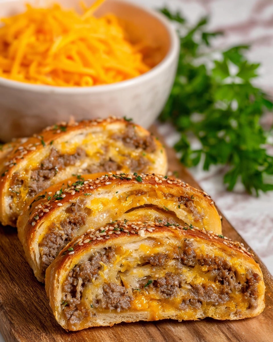The image shows three slices of a golden-brown meat and cheese roll arranged in a slightly overlapping line on a wooden surface. Each slice reveals multiple layers inside, with a crispy, shiny bread crust speckled with sesame and poppy seeds on top. Inside, there are layers of melted orange cheddar cheese mixed with browned ground meat and bits of herbs, creating a rich, textured look. In the background, there is a white bowl filled with shredded bright orange cheddar cheese and some green parsley leaves adding a fresh touch, all set against a white marbled surface. photo taken with an iphone --ar 4:5 --v 7