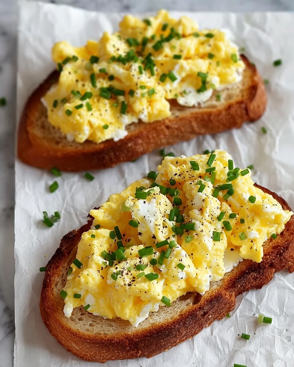 Two pieces of toasted bread are placed on white marbled texture covered with a crumpled white cloth. Each slice is thick with a golden-brown crust and a soft light brown inside. On top, there is one thick layer of fluffy scrambled eggs that is yellow with patches of white, showing lightly cooked egg whites. The eggs are sprinkled generously with small, bright green chopped chives and a light dusting of black pepper, adding contrast and freshness. The two toasts are arranged diagonally, with one closer to the front and the other slightly behind it. photo taken with an iphone --ar 4:5 --v 7