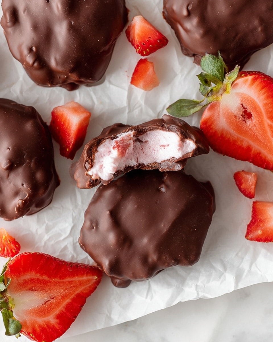 The image shows several chocolate-covered treats placed on white parchment paper over a white marbled surface. Each treat has one layer of smooth, rich, dark brown chocolate coating on the outside with an uneven, slightly bumpy texture. One piece is broken, revealing two inner layers: a soft pink cream layer and small bits of strawberry inside. Around the treats, there are fresh strawberry slices and small diced pieces scattered, with a bright red color and green leaves visible on the whole strawberry halves. The scene looks fresh and inviting. photo taken with an iphone --ar 4:5 --v 7