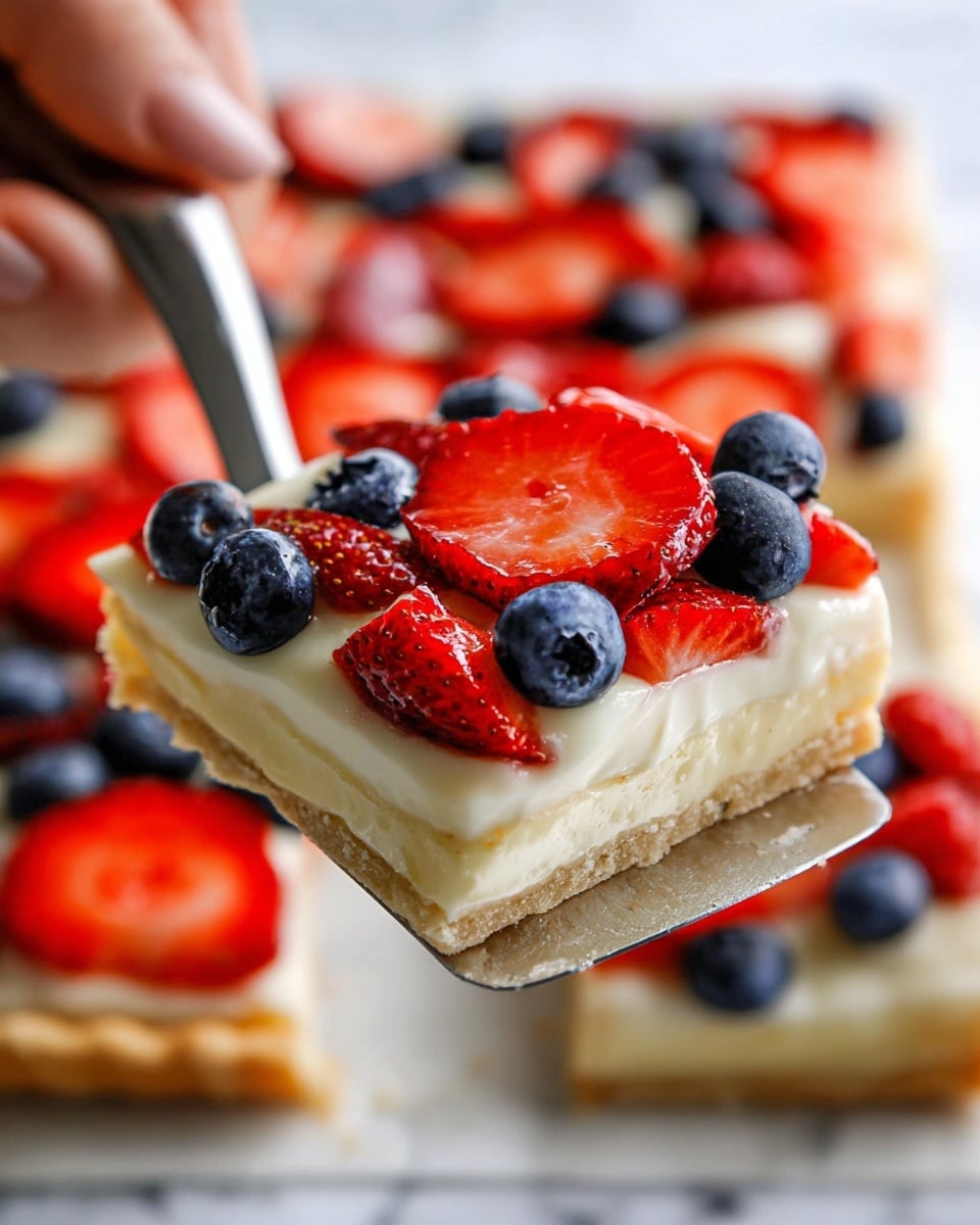 A close-up of a square slice of fruit tart being lifted by a silver spatula held by a woman's hand. The tart has three layers: a light golden brown, thick crust at the bottom; a smooth, creamy white layer of custard or cream in the middle; and a topping of fresh, bright red strawberry slices and deep blue blueberries. The fruit is placed evenly on top, showing their shiny, juicy textures. In the blurred background, more slices of the fruit tart are visible on a white marbled surface. Photo taken with an iphone --ar 4:5 --v 7