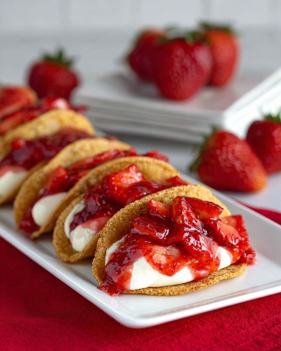 A row of small dessert tacos is arranged diagonally on a long white plate placed on a red cloth over a white marbled surface. Each taco has a light golden-brown shell with a slightly crispy and textured look. Inside, there is a thick, smooth layer of creamy white filling, folded neatly. On top of the cream, a bright and shiny red strawberry sauce with visible chunks of strawberries covers the surface of the shell, adding a fresh and juicy contrast. In the blurred background, there are two whole strawberries and another plate with similar dessert tacos on the white marbled texture. photo taken with an iphone --ar 4:5 --v 7