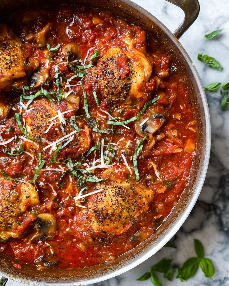 A close-up of a large metal pan filled with cooked chicken thighs covered in rich, chunky red tomato sauce. The sauce has pieces of chopped mushrooms, green herbs, and chopped vegetables visible throughout. The chicken thighs have a golden-brown crust with black pepper, partially submerged in the sauce. Thin strips of fresh green basil and small shreds of white cheese are sprinkled on top of the dish. The pan sits on a white marbled surface with some scattered green herb leaves around it. photo taken with an iphone --ar 4:5 --v 7