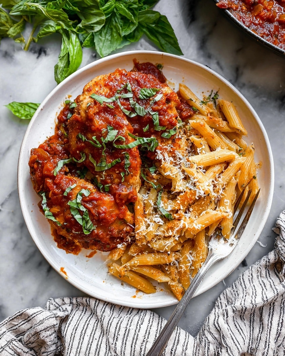 This image shows a white plate holding two main parts: on the left side, there are two pieces of chicken covered in rich red tomato sauce with visible herbs and small bits of garlic, topped with shredded basil leaves; on the right side, there is a serving of penne pasta lightly coated in sauce and sprinkled with shredded parmesan cheese. A silver fork rests on the right edge of the plate near the pasta. The plate sits on a white marbled surface, with fresh green basil leaves and a striped cloth napkin in the background. The overall colors are warm reds, yellows, whites, and greens, giving a fresh and hearty look. photo taken with an iphone --ar 4:5 --v 7