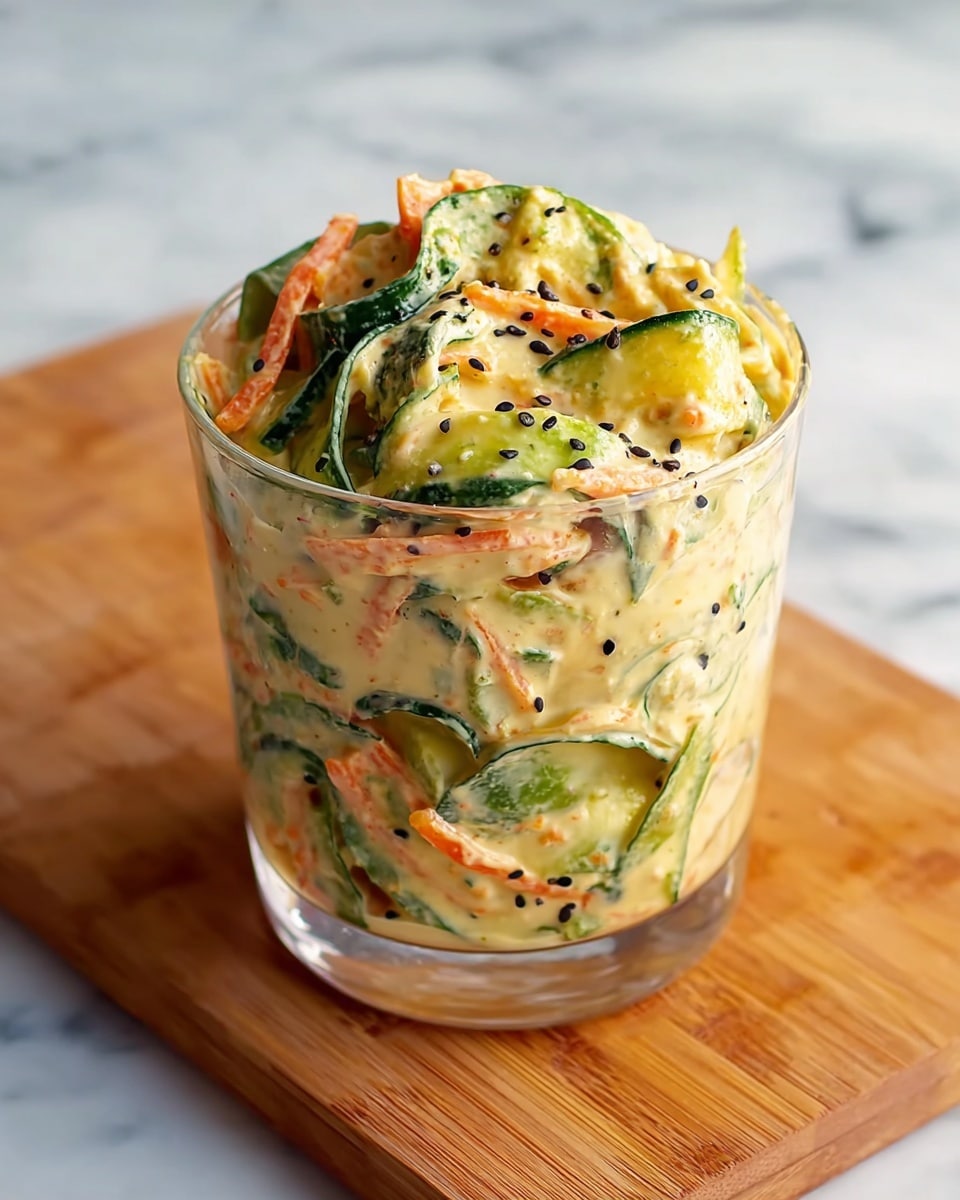 A clear glass filled with a creamy salad that has mixed thin slices of green cucumber and orange carrot sticks. The salad is thick with a yellowish cream sauce that has some black sesame seeds sprinkled throughout. The glass is placed on a wooden cutting board, and the background is a white marbled surface. The salad heaps slightly above the rim of the glass, showing a textured and chunky mix. photo taken with an iphone --ar 4:5 --v 7