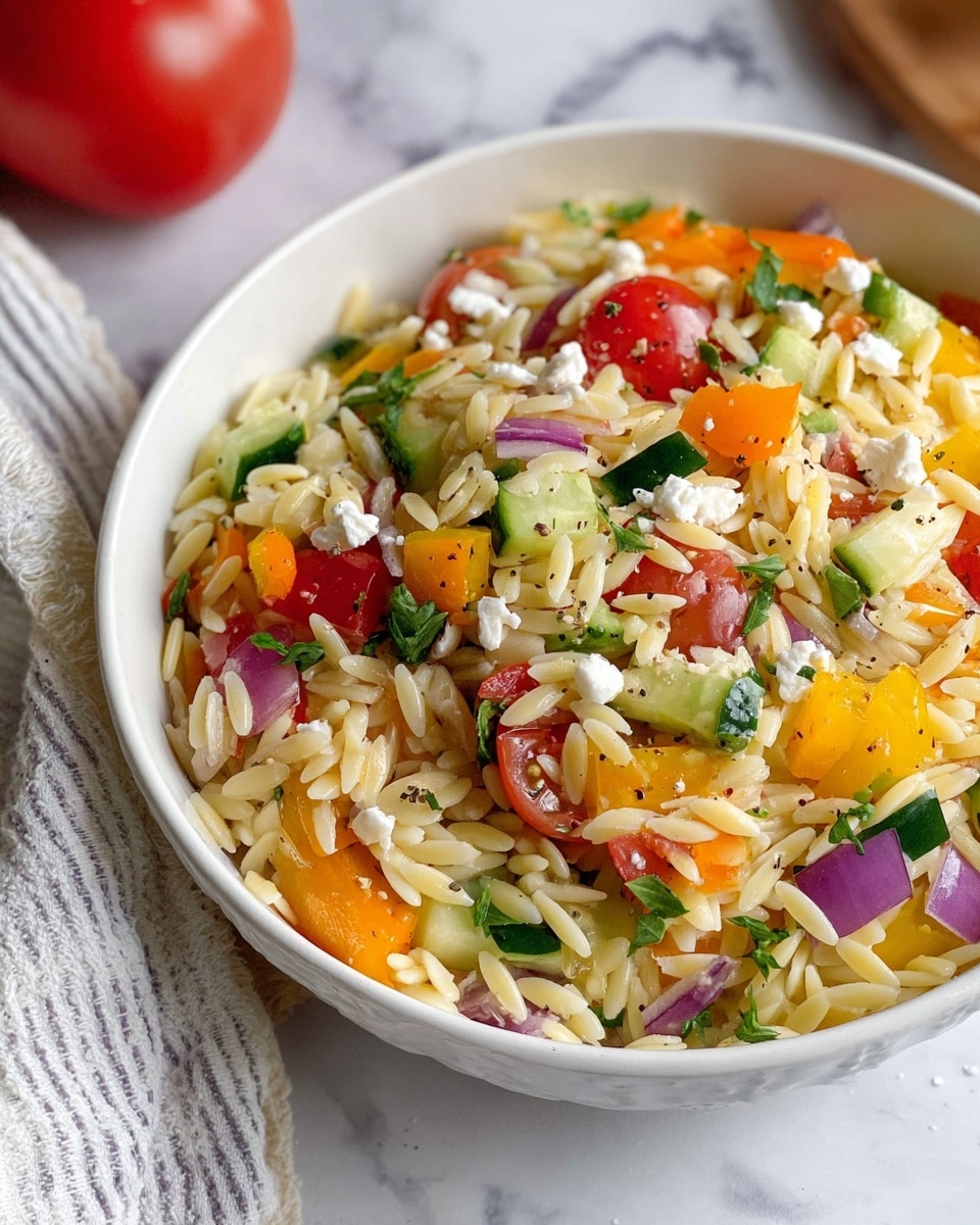 The image shows a white bowl filled with a colorful orzo salad. The base layer is pale yellow orzo pasta, topped with chopped bright orange and yellow bell peppers, green cucumber pieces, red cherry tomato halves, and small purple onion chunks. Scattered white crumbles of feta cheese and fresh green herbs add texture and color. The salad is lightly sprinkled with black pepper. The bowl sits on a white marbled surface with a white and gray striped cloth nearby and a red tomato in the background. Photo taken with an iphone --ar 4:5 --v 7