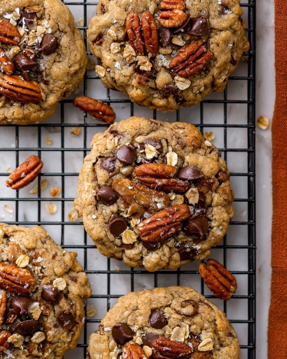 The image shows several thick cookies resting on a black wire cooling rack, placed over a white marbled surface. Each cookie has a rough and chunky texture with a golden-brown baked color. The top layer is filled generously with dark chocolate chips that are slightly melted, giving a shiny appearance, alongside whole and chopped pecan nuts that add a deep brown contrast with their defined ridges. Some crumbs and small nut pieces are scattered around the rack, enhancing the rustic and homemade look. The cookies appear soft and chewy with visible oat flakes embedded in the dough. photo taken with an iphone --ar 4:5 --v 7
