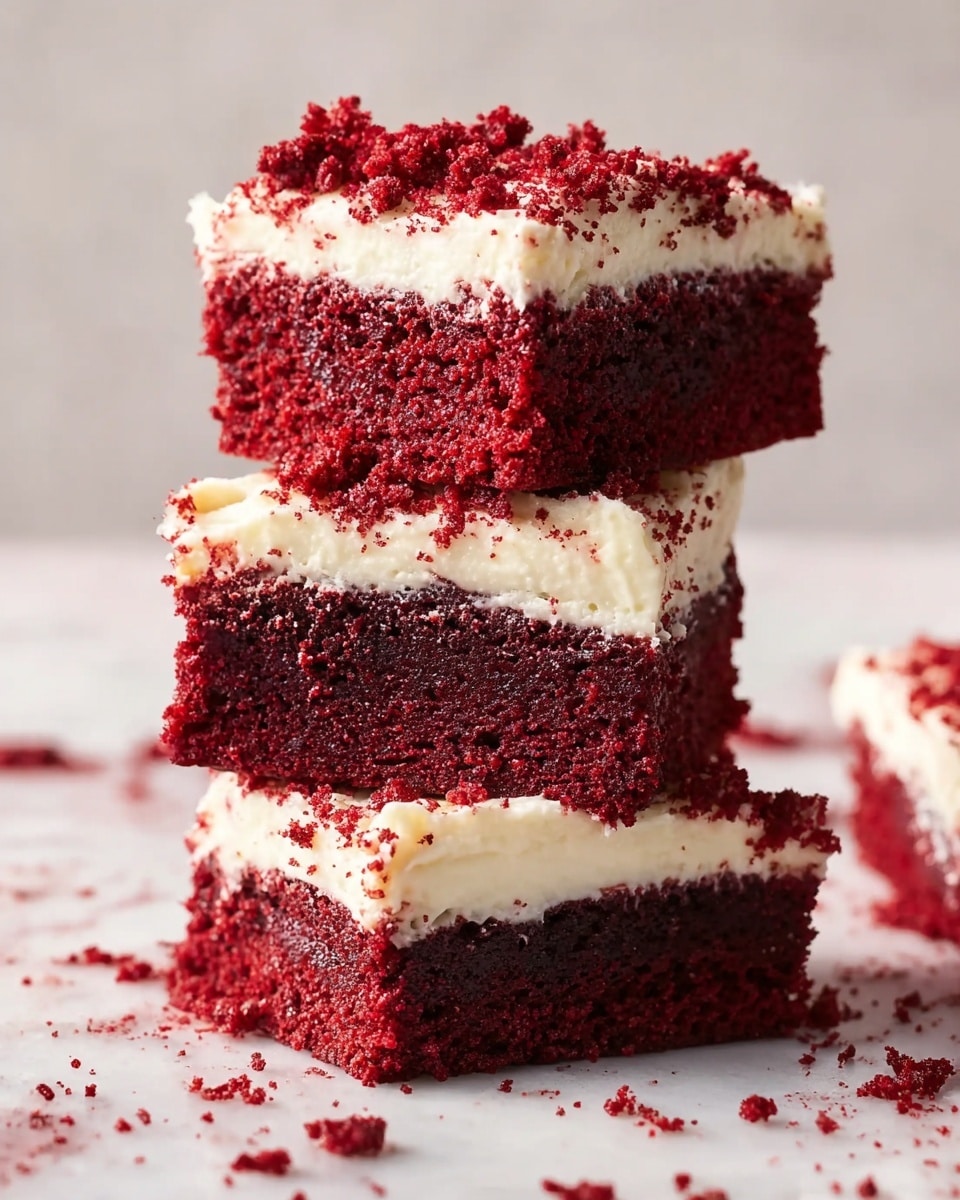 A stack of three square red velvet cake pieces is shown, each layer having a deep red moist texture and topped with a thick layer of white creamy frosting. The frosting is smooth with some uneven edges and crumbs sprinkled on top and around the cakes, adding a rustic look. The cakes sit on a white marbled surface, and the red crumbs scattered around highlight the rich color contrast between the red cake and white frosting. photo taken with an iphone --ar 4:5 --v 7