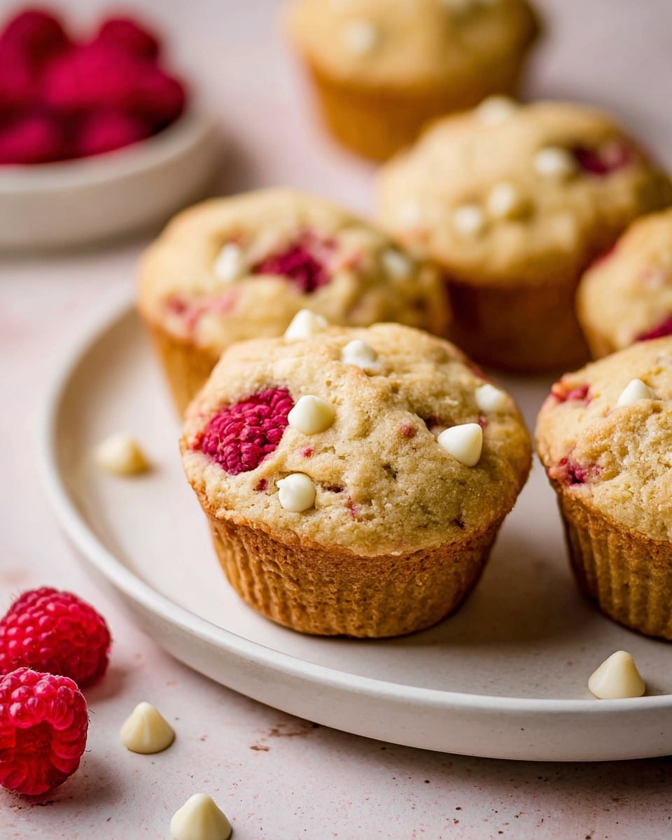 The image shows soft, golden-brown muffins with visible bright red raspberries and small white chocolate chips baked inside. The muffins have a slightly cracked top with a rough texture, and they sit on a simple white plate. A few fresh raspberries and white chocolate chips are scattered on the white marbled surface near the plate. The background is softly blurred, focusing attention on the close-up muffins in the front. photo taken with an iphone --ar 4:5 --v 7