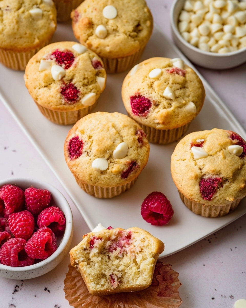 The image shows several golden yellow muffins with visible white chocolate chips and whole red raspberries baked inside and on top, placed on a white rectangular plate. The muffins have a slightly cracked, soft texture with some appearing denser where the raspberries add a bright red contrast. One muffin is partially eaten, revealing a moist interior filled with red raspberry pieces and chunks of white chocolate, sitting on an opened brown paper liner. Nearby, a small bowl filled with white chocolate chips and three fresh raspberries sit on a white marbled surface. photo taken with an iphone --ar 4:5 --v 7