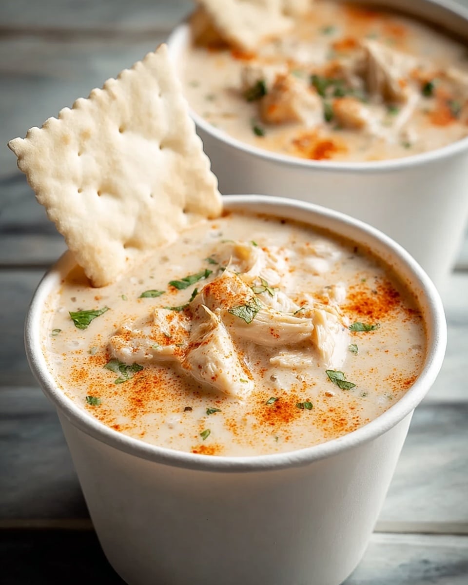 The image shows two white paper cups filled with creamy orange soup, topped with white chunks of crab meat sprinkled with red seasoning. Each cup has a large white tortilla chip inserted on one side, and a white spoon placed inside the closest cup on the right side. The background features a white marbled texture. photo taken with an iphone --ar 4:5 --v 7