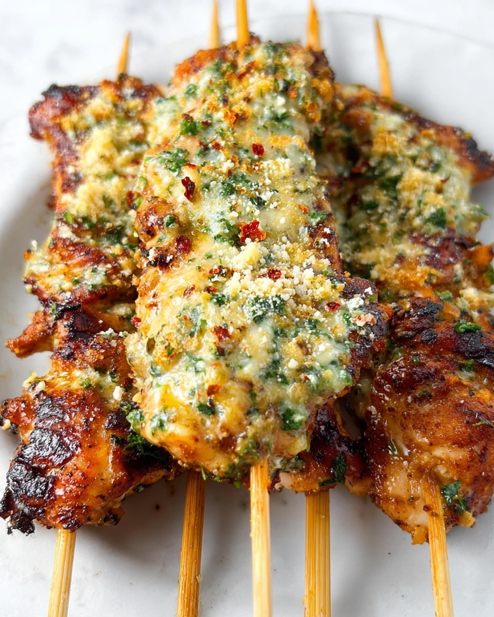 The image shows several grilled chicken skewers on a white plate placed on a white marbled surface. Each skewer has a thick piece of golden-brown grilled chicken with charred edges, covered in a creamy, chunky garlic herb sauce that has visible bits of green parsley and small red chili flakes. The sauce looks rich and coats the chicken well, with a slightly crumbly layer of grated cheese sprinkled on top. The skewers are placed close together, with the wooden sticks extending out from the bottom. The overall texture looks juicy and savory with a mix of creamy and crispy elements. photo taken with an iphone --ar 4:5 --v 7