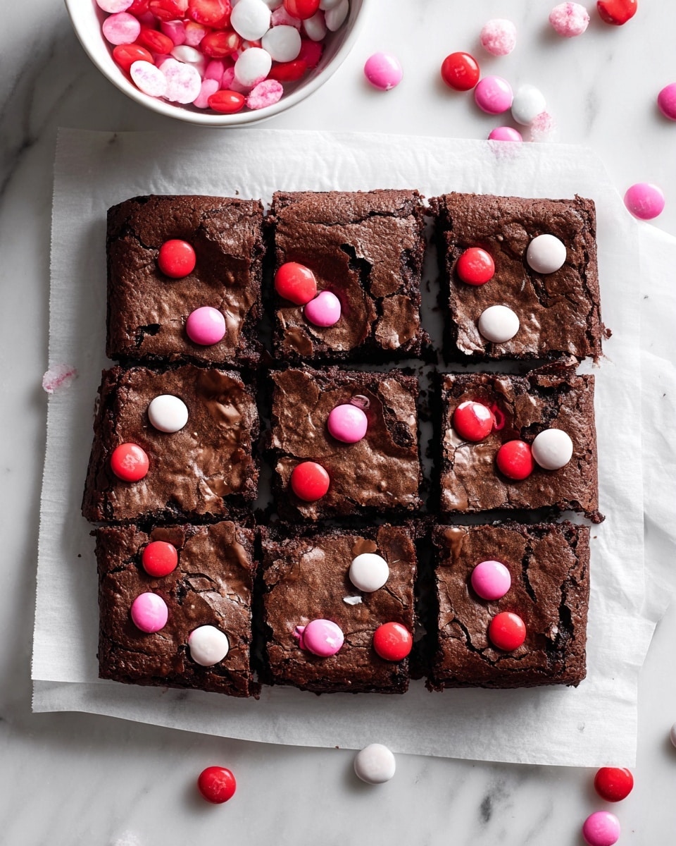 A square chocolate brownie cut into nine equal pieces is shown, each piece topped with colorful candy-coated chocolates in red, pink, and white colors, some slightly cracked. The brownie has a dark, rich, fudgy texture with a slightly cracked surface. The brownie rests on a sheet of white parchment paper placed on a white marbled surface. Scattered around the brownie and on the surface are additional candies matching those on the brownie. In the top left corner, a white bowl filled with the same colorful candies is partially visible. photo taken with an iphone --ar 4:5 --v 7