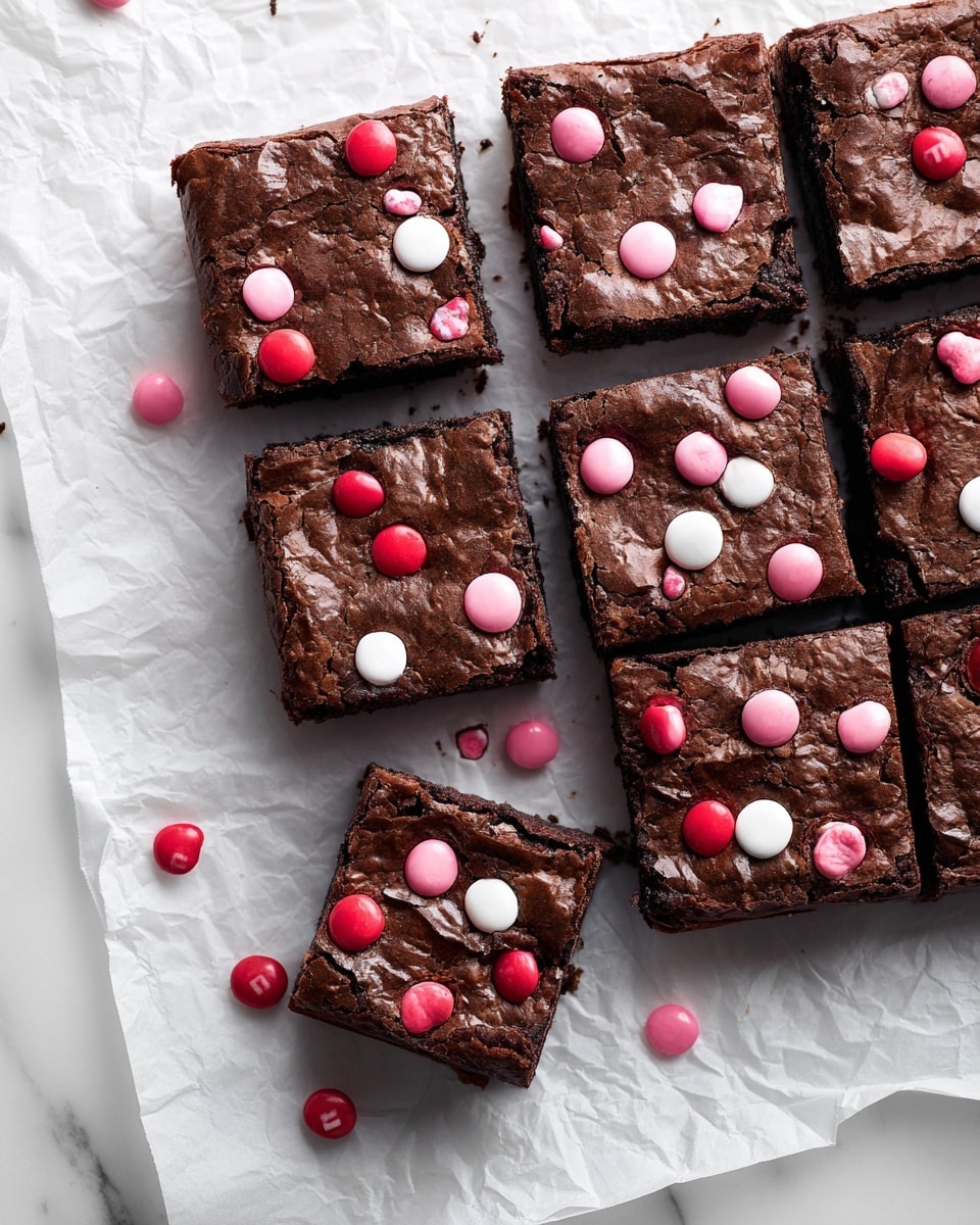 A group of nine square chocolate brownies sits on crumpled white paper on a white marbled surface, with two brownies separated from the group and slightly overlapping on the right side, showing rich, dark brown cracked tops. Each brownie is decorated evenly with red, pink, white, and light pink candy-coated chocolates embedded on the surface, some of which have small cracks, and extra candies are scattered around the brownies on the paper and marbled surface. photo taken with an iphone --ar 4:5 --v 7