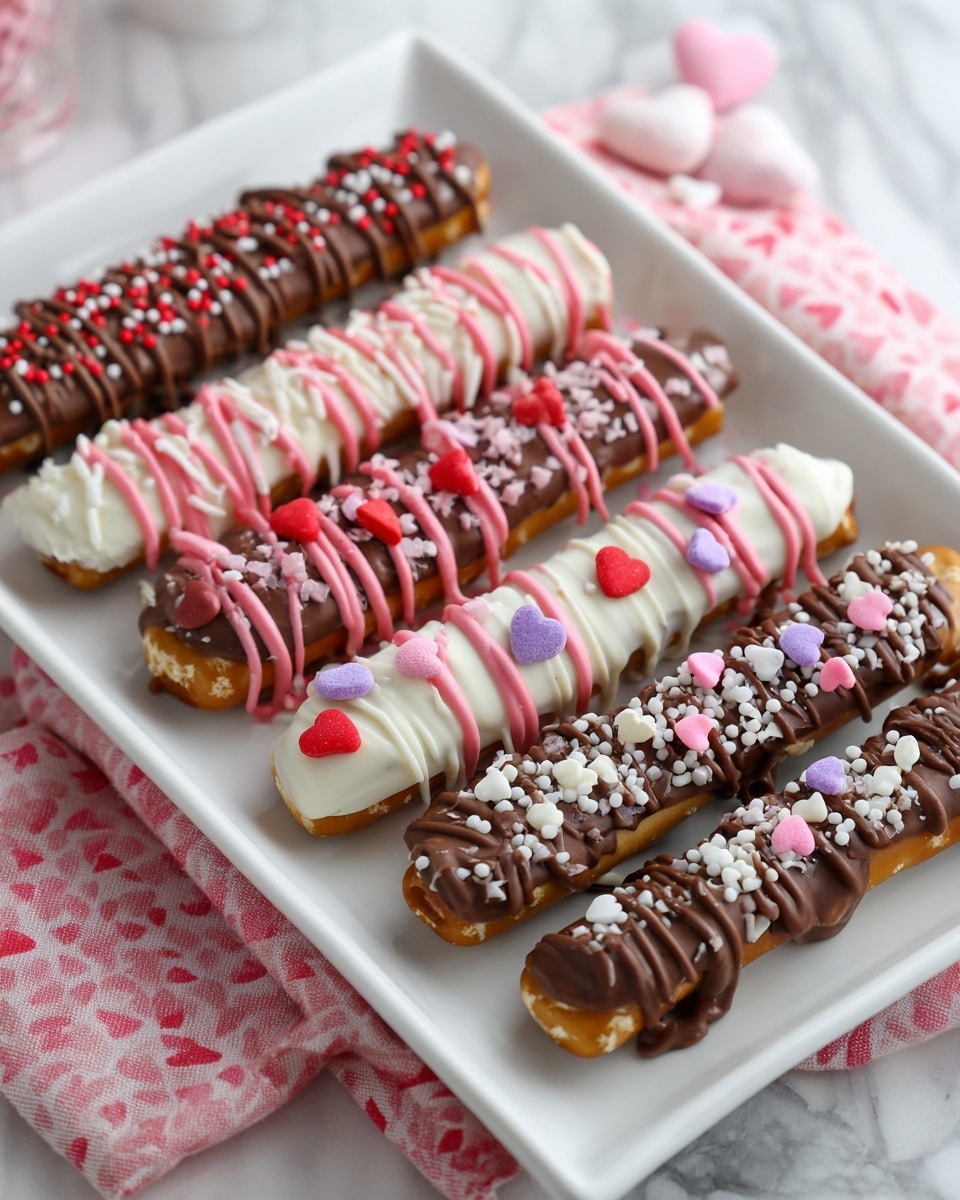 A white rectangular plate holds a neat row of chocolate-covered pretzel sticks arranged side by side. Each pretzel stick has two layers: the bottom layer is the golden brown pretzel, and the top layer is a thick coating of chocolate in milk, white, or dark varieties, decorated with colorful toppings. Some sticks are drizzled with pink or red chocolate lines, others are sprinkled with tiny white and pink round sprinkles, and some have small heart-shaped candies in red, pink, and purple. The plate is set on a white marbled surface with a pink heart-patterned cloth partially visible under the plate. photo taken with an iphone --ar 4:5 --v 7