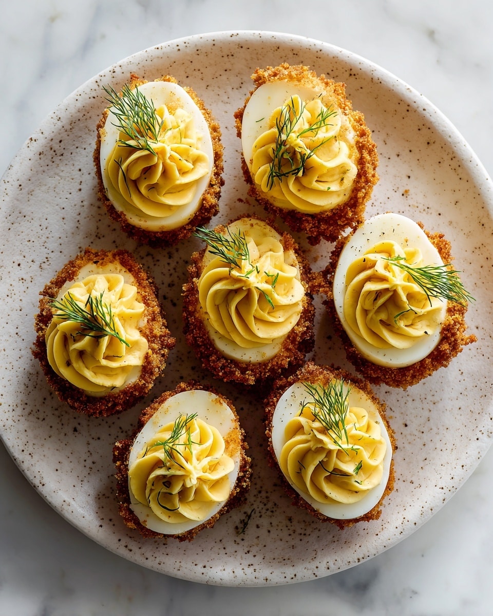 A round white speckled plate holds seven fried deviled eggs arranged close together, each with a crispy golden-brown breaded outer layer. On top of each deviled egg is a bright yellow creamy filling, piped in a decorative swirled pattern, and garnished with a small sprig of fresh green dill. The plate sits on a white marbled surface, adding a clean and fresh look to the presentation. photo taken with an iphone --ar 4:5 --v 7