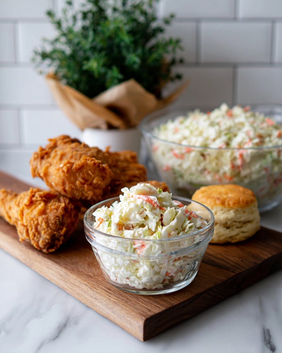 The image shows a wooden board with three main foods: two pieces of golden brown fried chicken with a rough, crispy texture on the left side, a small clear glass bowl filled with creamy white coleslaw mixed with chopped green cabbage and small pieces of orange carrot in front, and two light golden brown flaky biscuits with a soft texture on the right. Behind these items, there is a larger clear glass bowl filled with more coleslaw, and in the background, a small green potted plant is wrapped in brown paper. The scene is set on a white marbled surface with white subway tile as the blurred background. Photo taken with an iphone --ar 4:5 --v 7