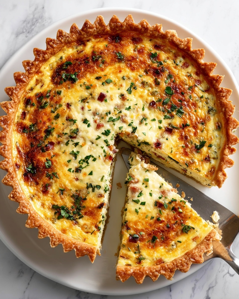 A golden-brown quiche with a thick, flaky crust is set on a white plate on a white marbled surface. The quiche is cut into three slices, with one slice slightly lifted by a silver spatula, showing the creamy, light yellow filling dotted with green herbs and small pieces of bacon or vegetables. The top layer of the quiche is bubbly and lightly browned with small bits of fresh green herbs sprinkled over it. The crust edges are scalloped and crisp, creating a textured border around the smooth, slightly shiny filling. Photo taken with an iphone --ar 4:5 --v 7