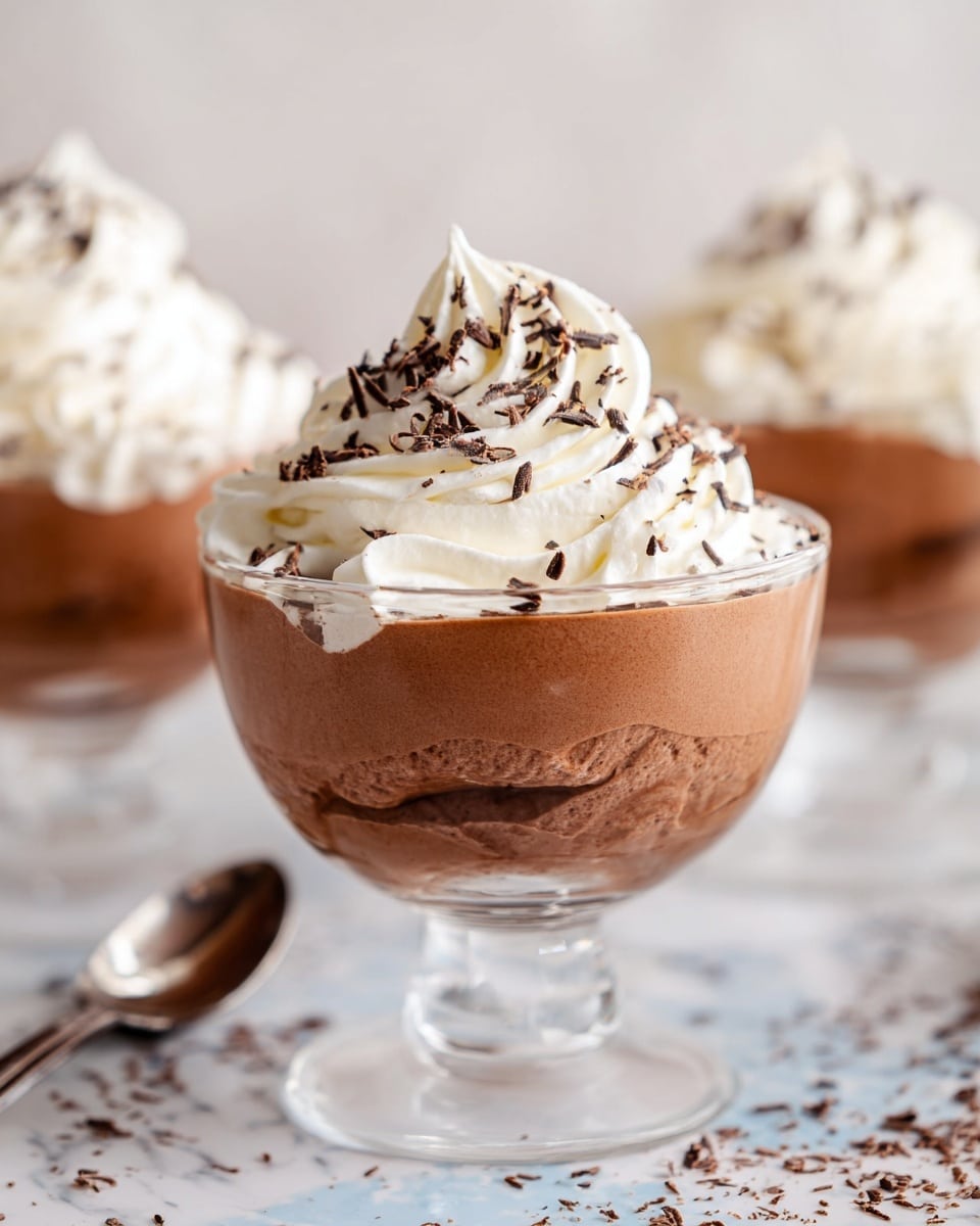 The image shows a clear glass dessert cup filled with two layers of smooth, rich brown chocolate mousse that have a light, fluffy texture. On top, there is a thick layer of white whipped cream swirled into a soft peak and sprinkled with small dark chocolate shavings. The dessert cup sits on a white marbled surface with some scattered chocolate shavings around it. Other similar dessert cups are softly blurred in the background. photo taken with an iphone --ar 4:5 --v 7