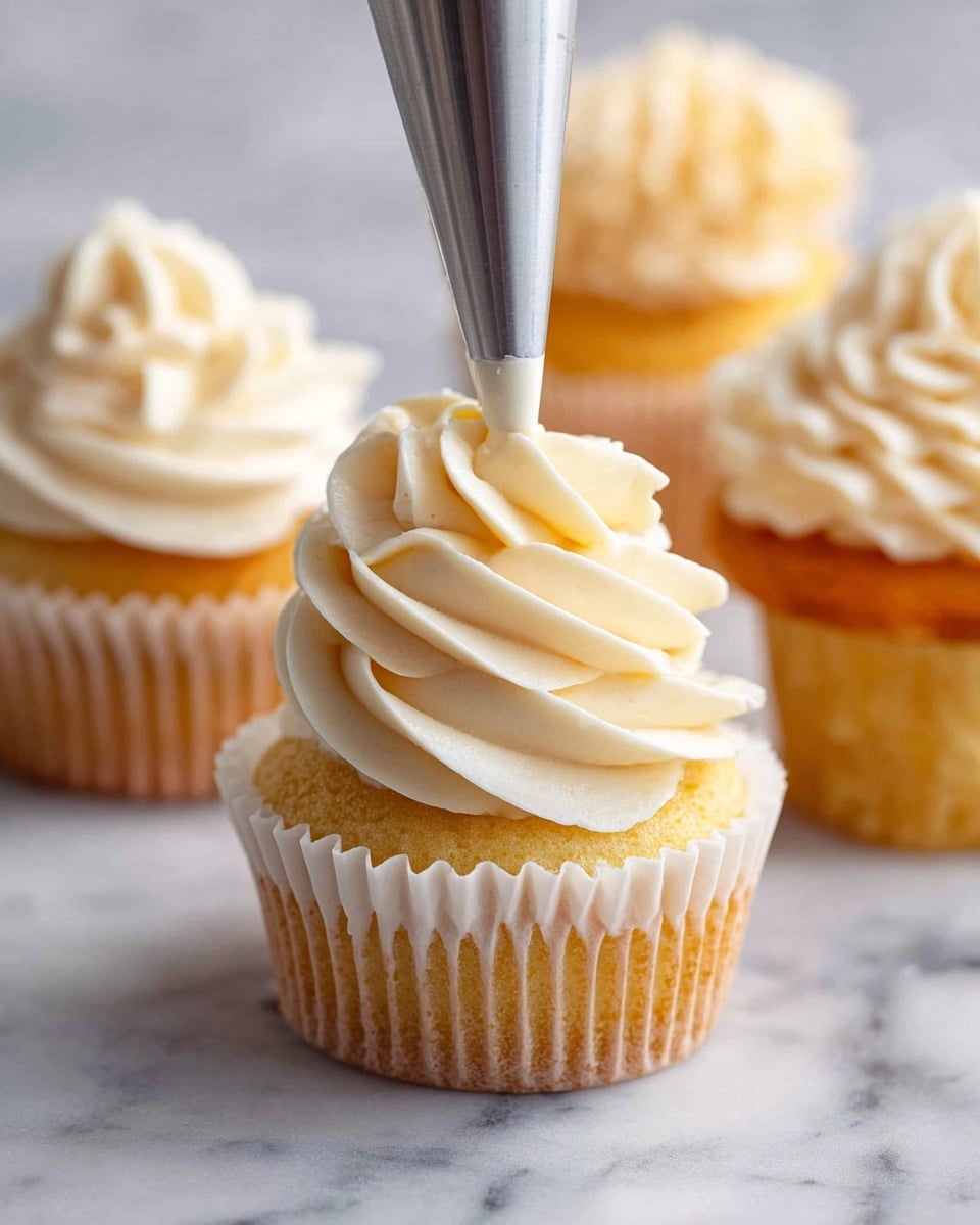 A single cupcake sits on a white marbled surface with its light brown wrapper peeled halfway down, showing a soft golden yellow cake base. On top is one large, smooth swirl of creamy white frosting with thick, ruffled layers curling upward, crowned by a small bright red raspberry. Around the cupcake on the surface are several additional fresh raspberries scattered close by. In the background, blurred, are more cupcakes with the same swirl of white frosting and raspberry on top. photo taken with an iphone --ar 4:5 --v 7