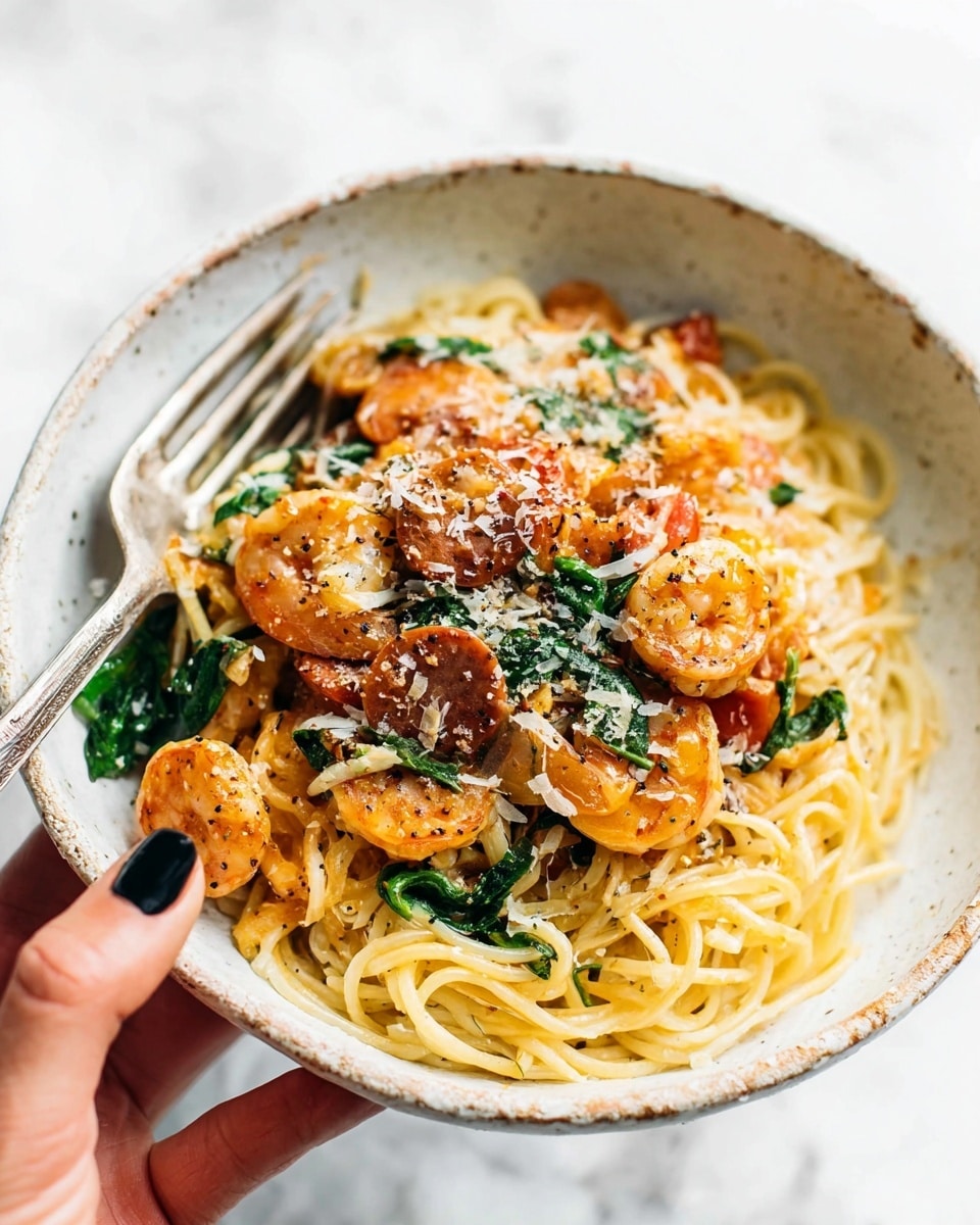 A white speckled bowl filled with a base layer of light yellow spaghetti noodles, topped with a rich mix of orange shrimp, golden brown sausage slices, and wilted green spinach. The dish is sprinkled with white cheese flakes and black pepper, adding texture and color contrast. A silver fork rests on the left side of the bowl, held by a woman's hand with black-painted nails against a white marbled texture. photo taken with an iphone --ar 4:5 --v 7