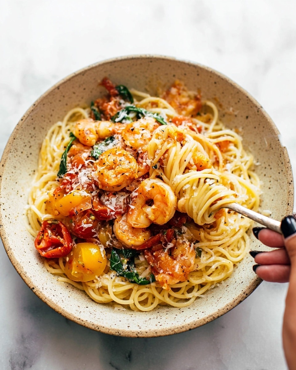 A speckled bowl filled with light yellow spaghetti noodles takes up the bottom layer, topped with a mix of orange shrimp and small yellow tomatoes, with bits of green spinach leaves spread around. The shrimp and veggies are coated in a light red sauce with visible black pepper, and sprinkled with white grated cheese. A woman's hand with black nail polish is holding a fork twirling some noodles above the bowl. The bowl sits on a white marbled surface. photo taken with an iphone --ar 4:5 --v 7