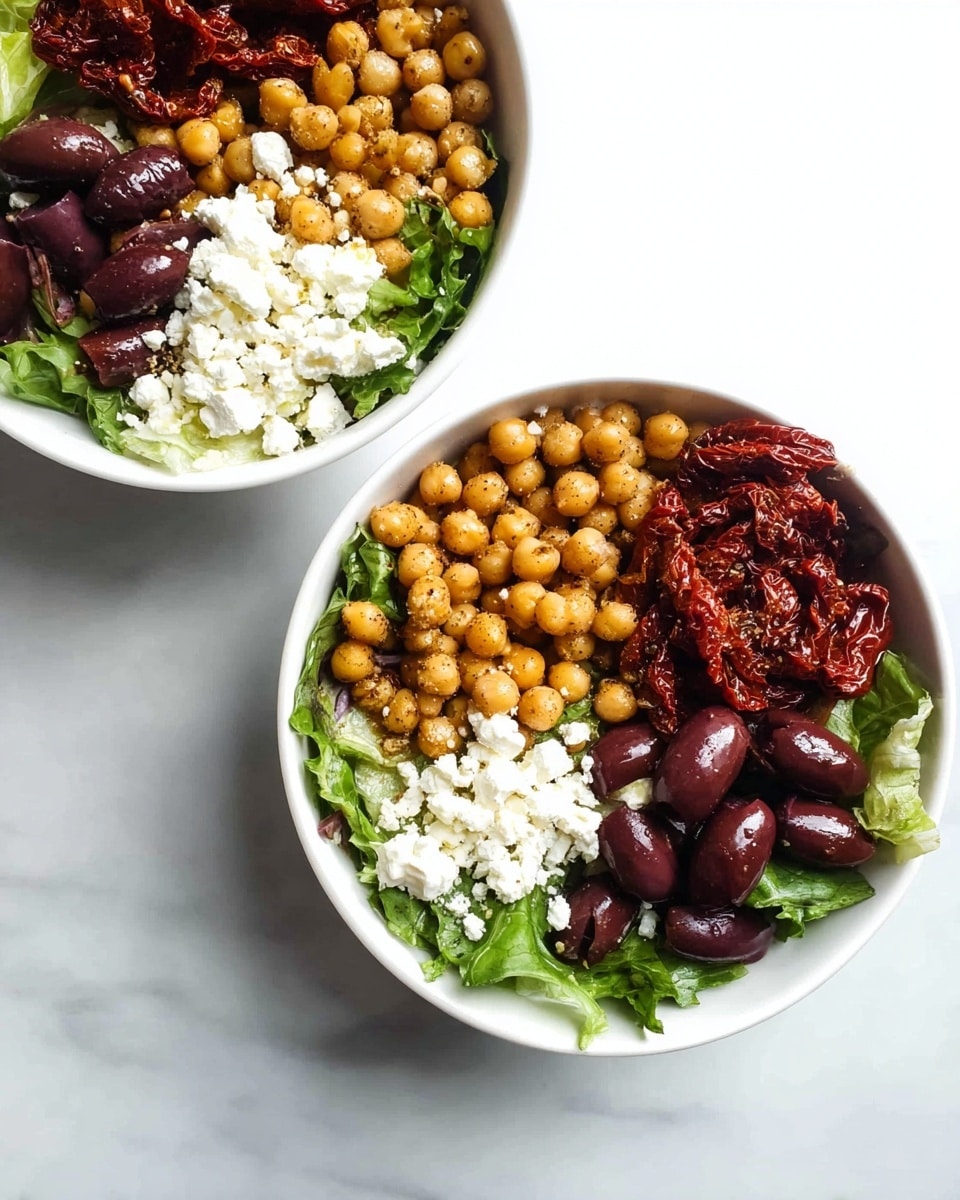 Two white bowls sit on a white marbled surface, each filled with layers of fresh ingredients. The bottom layer is green leafy lettuce, topped with bright golden chickpeas clustered toward one side. Next to the chickpeas are halves of dark purple Kalamata olives, with a pile of crumbly white feta cheese adding contrast. Rich red sun-dried tomatoes with a slightly wrinkled texture fill the remaining space, creating a vibrant mix of colors and textures in each bowl. Photo taken with an iphone --ar 4:5 --v 7