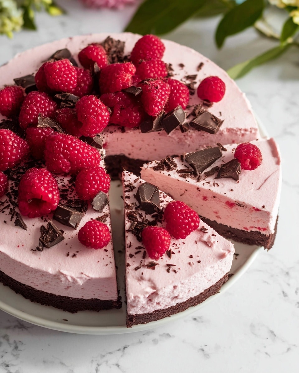This image shows a cake with two main layers on a white plate. The bottom layer is dark brown and looks like a chocolate base. The top layer is thick and light pink, smooth and creamy. On top of the cake are fresh bright red raspberries and small pieces of dark chocolate, scattered unevenly. Two slices of the cake are cut and slightly pulled out, showing the clear divide between the dark base and the pink top. The background is a white marbled texture, and there are some green leaves visible at the top edge of the image. photo taken with an iphone --ar 4:5 --v 7