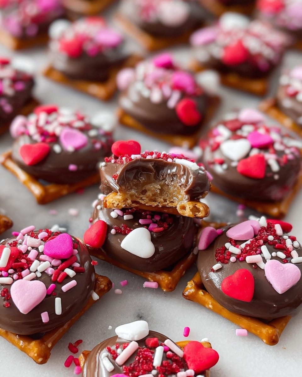 The image shows several small square pretzels with rounded corners placed closely together on a white marbled surface. Each pretzel is topped with a smooth swirl of dark brown chocolate, which holds a red candy center. Brightly colored sprinkles in shades of pink, red, and white are scattered over the chocolate and candy, with some shaped like hearts and some like small balls and rods. One pretzel at the top center has a bite taken out, revealing layers inside: the pretzel base, a caramel layer, a chocolate layer, and crushed red candy bits showing texture. The overall look is colorful, festive, and detailed. Photo taken with an iphone --ar 4:5 --v 7