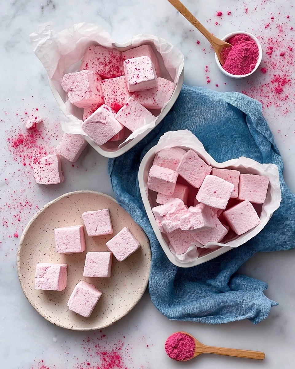 The image shows three containers filled with light pink marshmallows. There are two heart-shaped white bowls lined with white paper, filled with roughly 10-12 cubes each. The marshmallows have a soft, slightly textured surface with specks of darker pink on top. Below, a small round speckled plate holds about 15 smaller marshmallow cubes, some scattered around it. There is a blue cloth under the heart-shaped bowls, and a small bowl of crushed bright pink powder with a wooden spoon on the white marbled surface. Some bright pink powder is sprinkled around the containers. Photo taken with an iphone --ar 4:5 --v 7