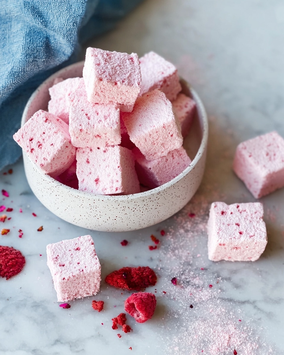 The image shows many small pink cubes with a soft, powdery texture, some stacked inside a white speckled round bowl and others scattered around it. A few pieces of crushed red raspberries lie near the cubes on a white marbled surface. On one side, a blue cloth is partly visible. The cubes look airy and light with a slightly rough surface, and the pink color varies subtly across them. Photo taken with an iphone --ar 4:5 --v 7