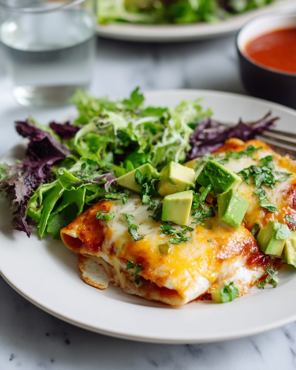A white plate sits on a white marbled surface, holding a layered dish with fresh green and purple baby lettuce leaves on one side. The main part shows two thick, golden brown tortillas stacked and topped with melted light yellow cheese. On top of the cheese, bright green avocado cubes and chopped green herbs add fresh color. Nearby, a dark bowl holds red sauce, and a clear glass of water is partially visible. The scene is fresh and colorful, with simple natural textures. photo taken with an iphone --ar 4:5 --v 7