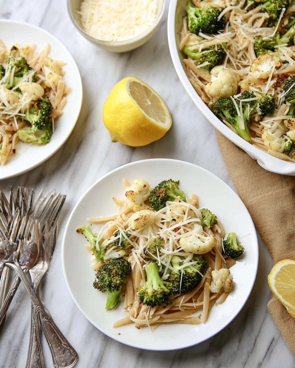 The image shows a serving of pasta with roasted broccoli and cauliflower on a white round plate. The pasta is light beige with a smooth texture, mixed evenly with bright green broccoli and light cream-colored cauliflower pieces that have slightly charred edges. On top, thin white strands of grated cheese are scattered. Nearby, there is a white bowl filled with more grated cheese and a halved lemon with bright yellow skin and a juicy interior. In the upper right, a large white oval dish holds more of the pasta and vegetables. The entire scene is set on a white marbled surface, with metal forks and a beige napkin also visible. photo taken with an iphone --ar 4:5 --v 7