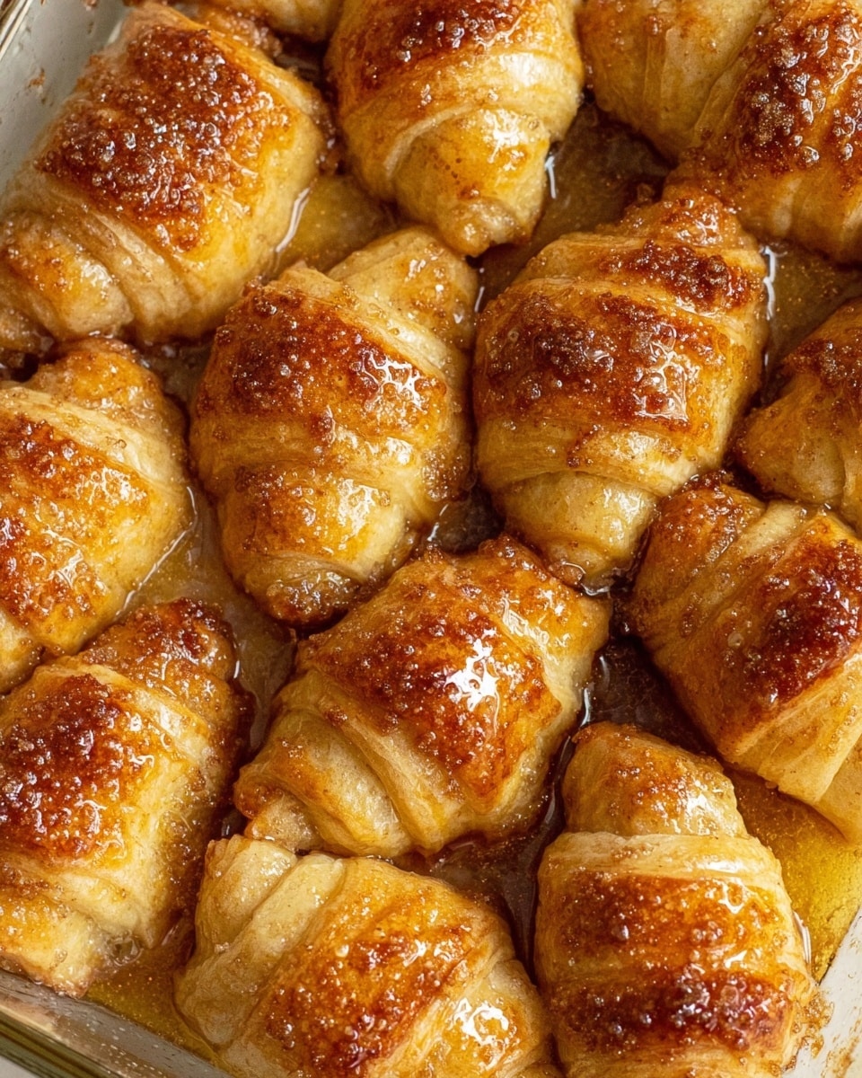 The image shows a close-up of several golden brown rolls, tightly packed in a white tray, each roll having a slightly crispy, textured outer layer with visible layers of dough spirals. The rolls are covered with a shiny glaze of melted butter and brown sugar syrup that pools slightly between them, giving a glossy, sticky appearance. There are specks of cinnamon or spice sprinkled on top, adding a warm tone contrast to the buttery golden color. The rolls look soft inside with a crunchy crust on the top, resting on a white marbled surface. photo taken with an iphone --ar 4:5 --v 7