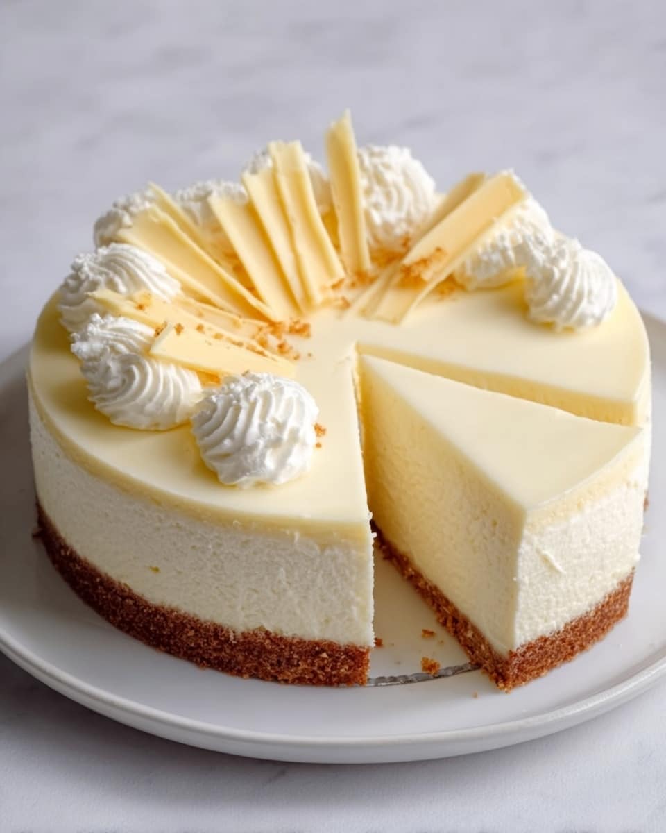 A slice of cheesecake with three visible layers is placed on a white plate on a white marbled surface. The bottom layer is a crumbly, golden-brown crust. The middle layer is thick, smooth, and creamy in an off-white color. The top layer has small dollops of white whipped cream evenly spaced along the edge, with thin, golden-brown toasted strands sprinkled over the cream. A fork with a shiny metal handle lies next to the slice, and in the blurred background, the remaining cheesecake on a white plate is visible. Photo taken with an iphone --ar 4:5 --v 7