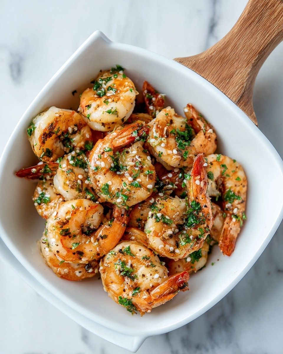 A white square bowl with a wooden handle holds a single layer of cooked shrimp, each shrimp pinkish-orange with slight browning, scattered with small green parsley leaves and white sesame seeds. The shrimp are arranged close together, filling the bowl, with a shiny, slightly oily texture. The bowl sits on a white marbled surface, creating a clean, fresh background. photo taken with an iphone --ar 4:5 --v 7