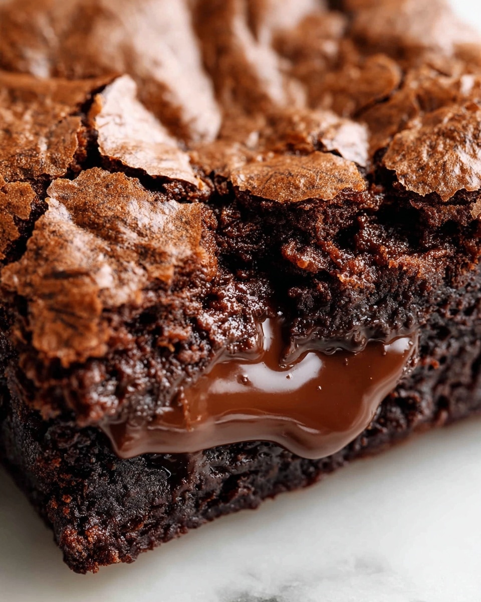 A close-up view of a single rich chocolate brownie showing a thick cracked top layer with a dry, slightly crumbly texture in deep brown color. Beneath the top layer, there is a thick layer of shiny, melted chocolate with a smooth, glossy texture that looks soft and gooey. The brownie edges are a darker brown, almost black, indicating a well-baked crust. The background is a white marbled texture, which contrasts with the dark, moist brownie. photo taken with an iphone --ar 4:5 --v 7