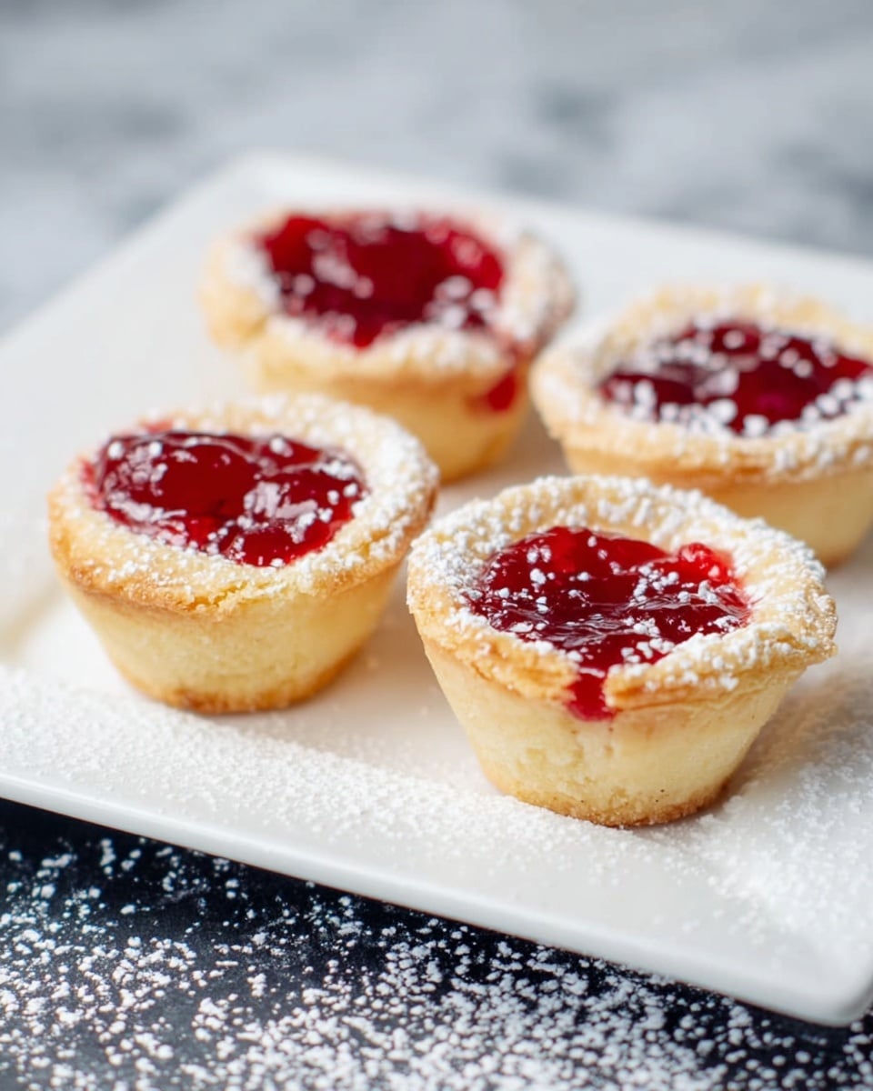 The image shows four small tartlets arranged on a white square plate, placed on a white marbled texture sprinkled with white powdered sugar. Each tartlet has two layers; the bottom layer is a light golden crust with a crumbly texture, shaped like a small cup, and the top layer is a glossy, deep red fruit filling with a smooth, slightly thick texture. Powdered sugar is lightly dusted over the filling and crust, adding a soft white contrast to the bright red and golden colors. The tartlets are positioned closely together in two rows, with the focus on the front two tartlets while the back two are slightly blurred. photo taken with an iphone --ar 4:5 --v 7