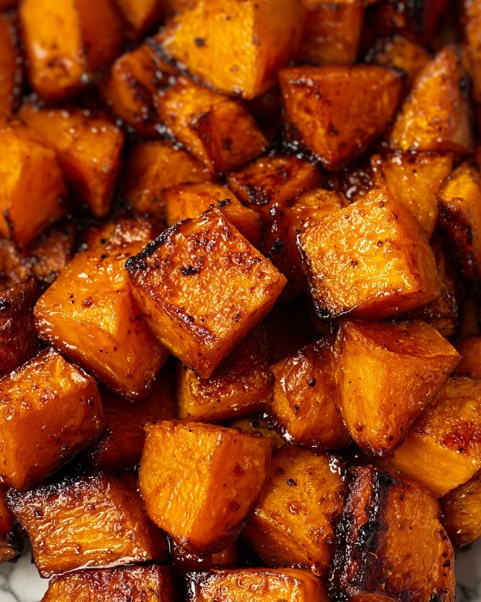 Close-up of many small cubes of roasted sweet potatoes, with a rich orange-brown color and slightly charred edges showing a caramelized texture. The pieces have a mix of crispy dark brown parts and softer golden orange centers, covered with a shiny glaze that hints at a light coating of oil or seasoning. The cubes are packed closely together, showing irregular shapes but mostly even cuts, all resting on a white marbled texture. photo taken with an iphone --ar 4:5 --v 7