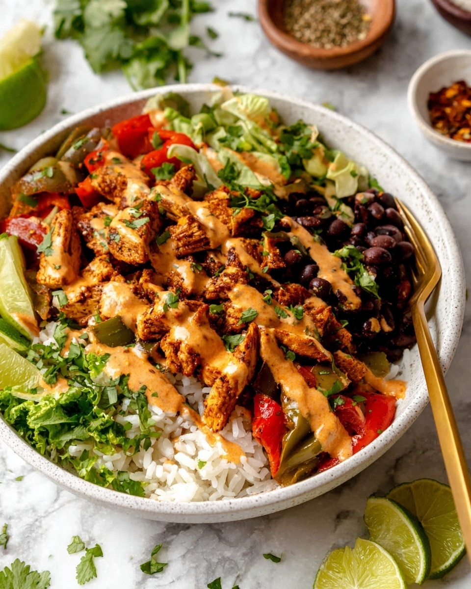 A white bowl holds a layered meal starting with a base of white rice, topped with cooked brownish-orange seasoned chicken strips mixed with sautéed green and red bell peppers, and black beans on one side. Fresh chopped green lettuce and chopped cilantro sprinkle the edges, while a creamy orange sauce drizzles unevenly across the top. Two lime wedges rest near the edge, and a gold spoon leans into the bowl from the right side, all placed on a white marbled surface with small bowls of spices and herbs slightly blurred in the background. photo taken with an iphone --ar 4:5 --v 7