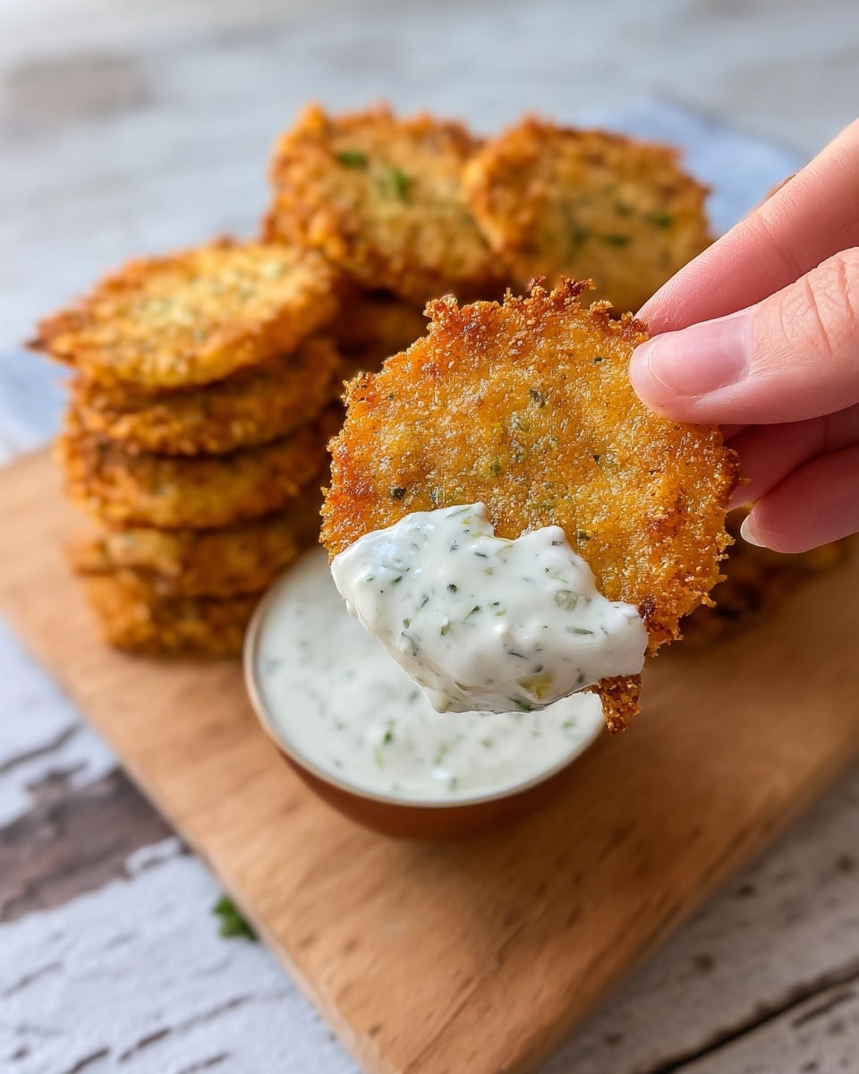 A close-up of a golden-brown round crispy fried slice, half dipped in creamy white sauce with green herb bits, is being held by a woman's hand showing the thumb and finger. In the background, on a white wooden cutting board, several more of the same round crispy slices are stacked slightly overlapping each other. The whole scene is set on a white marbled textured surface with soft natural lighting highlighting the crispy texture and creamy sauce. Photo taken with an iphone --ar 4:5 --v 7