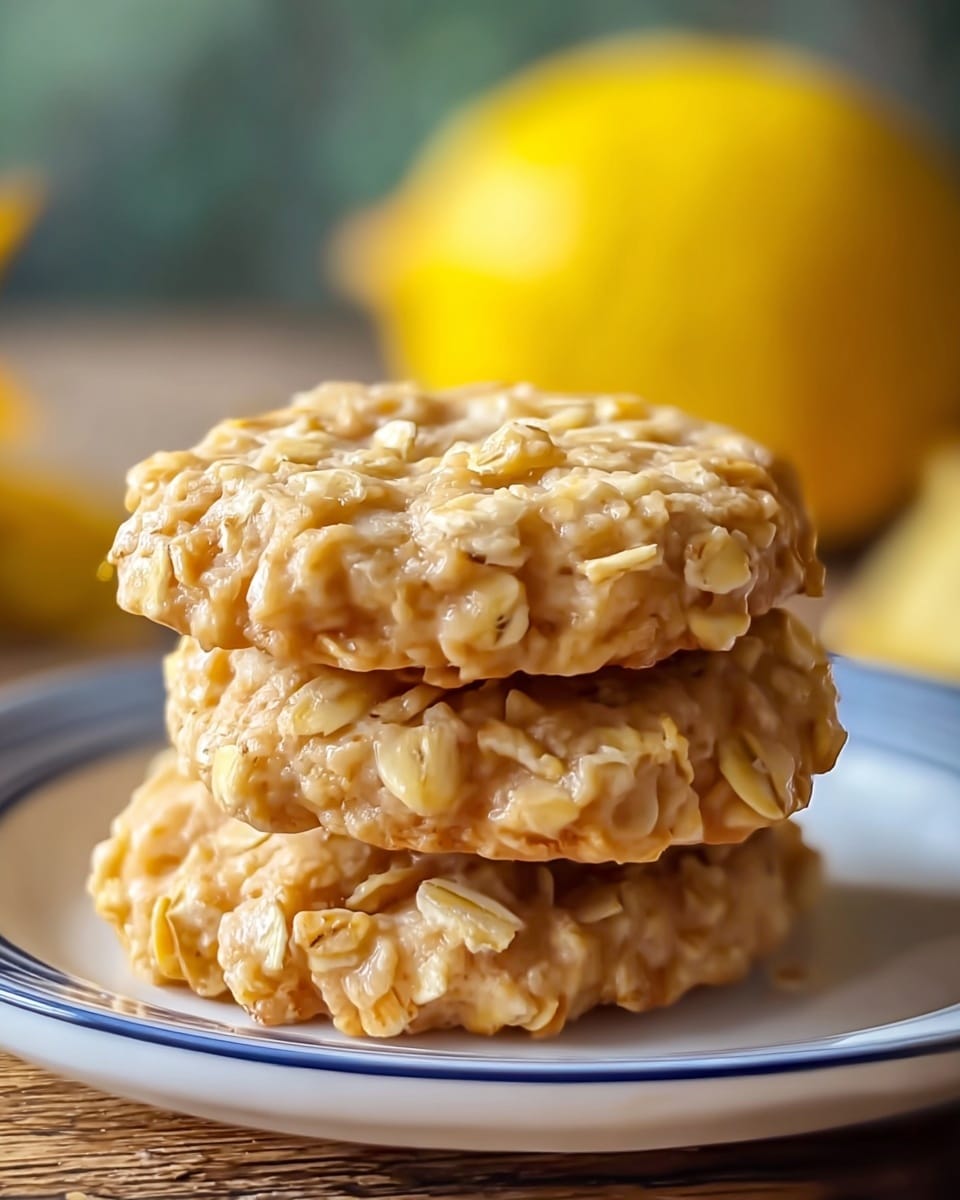 A stack of three round oat cookies with a light golden color and visible oat flakes on the surface sits in the center of a white plate with blue rings, placed on a wooden table. The cookies have a rough texture with oats sticking out, and the top cookie is in clear focus while the others are slightly blurred behind it. In the background, there is a yellow lemon that is out of focus, adding a pop of color. The scene is softly lit with a blurred green and gray background. photo taken with an iphone --ar 4:5 --v 7