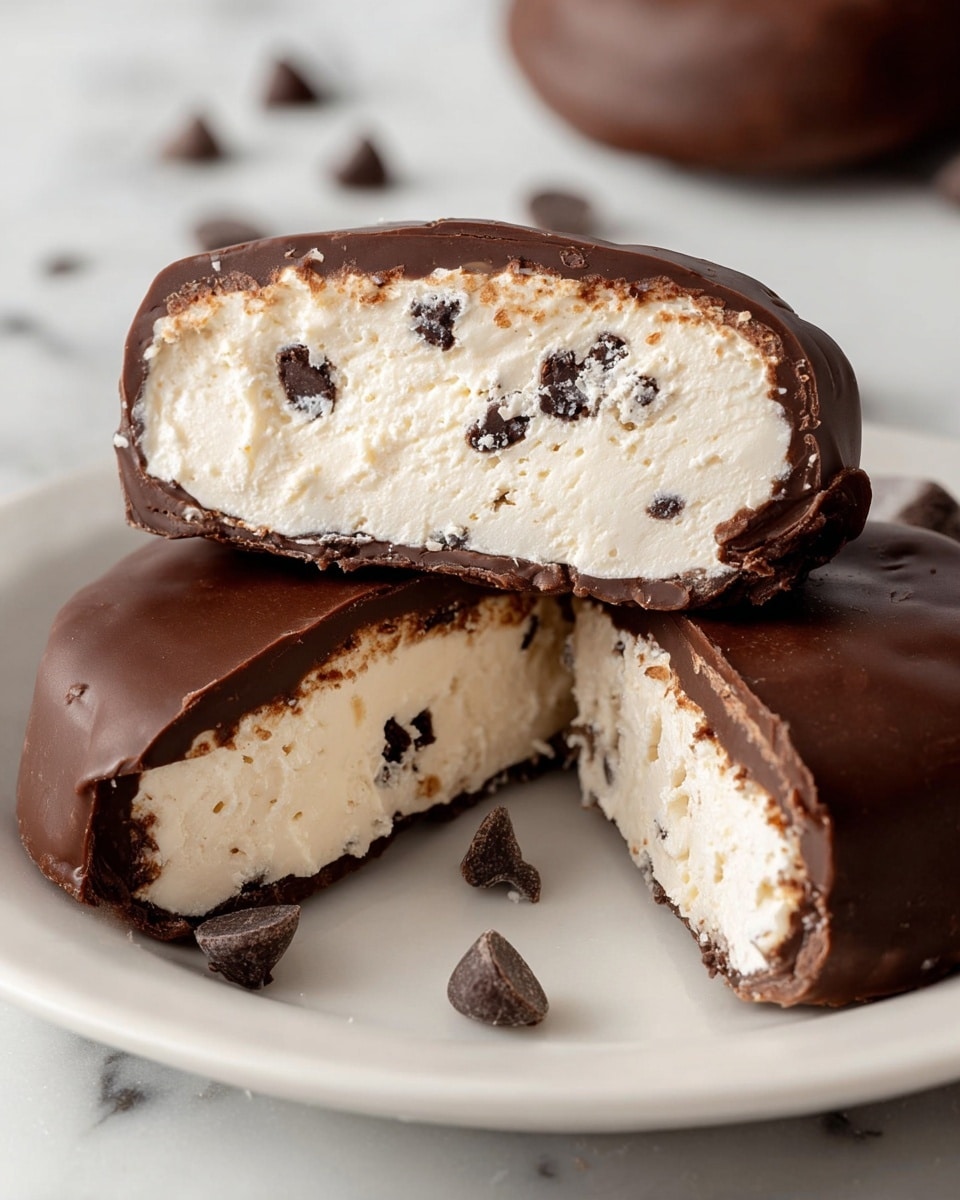 The image shows a close-up of a chocolate-coated dessert that is split in half to reveal its inside. It has three layers: the outer layer is a smooth, dark brown chocolate shell with a shiny texture; the thick middle layer is creamy white with a fluffy texture, and it contains small dark chocolate chips scattered throughout; the bottom layer is the continuation of the chocolate shell. The dessert is placed on a white plate, with some small chocolate chips scattered around it on a white marbled surface. Photo taken with an iphone --ar 4:5 --v 7