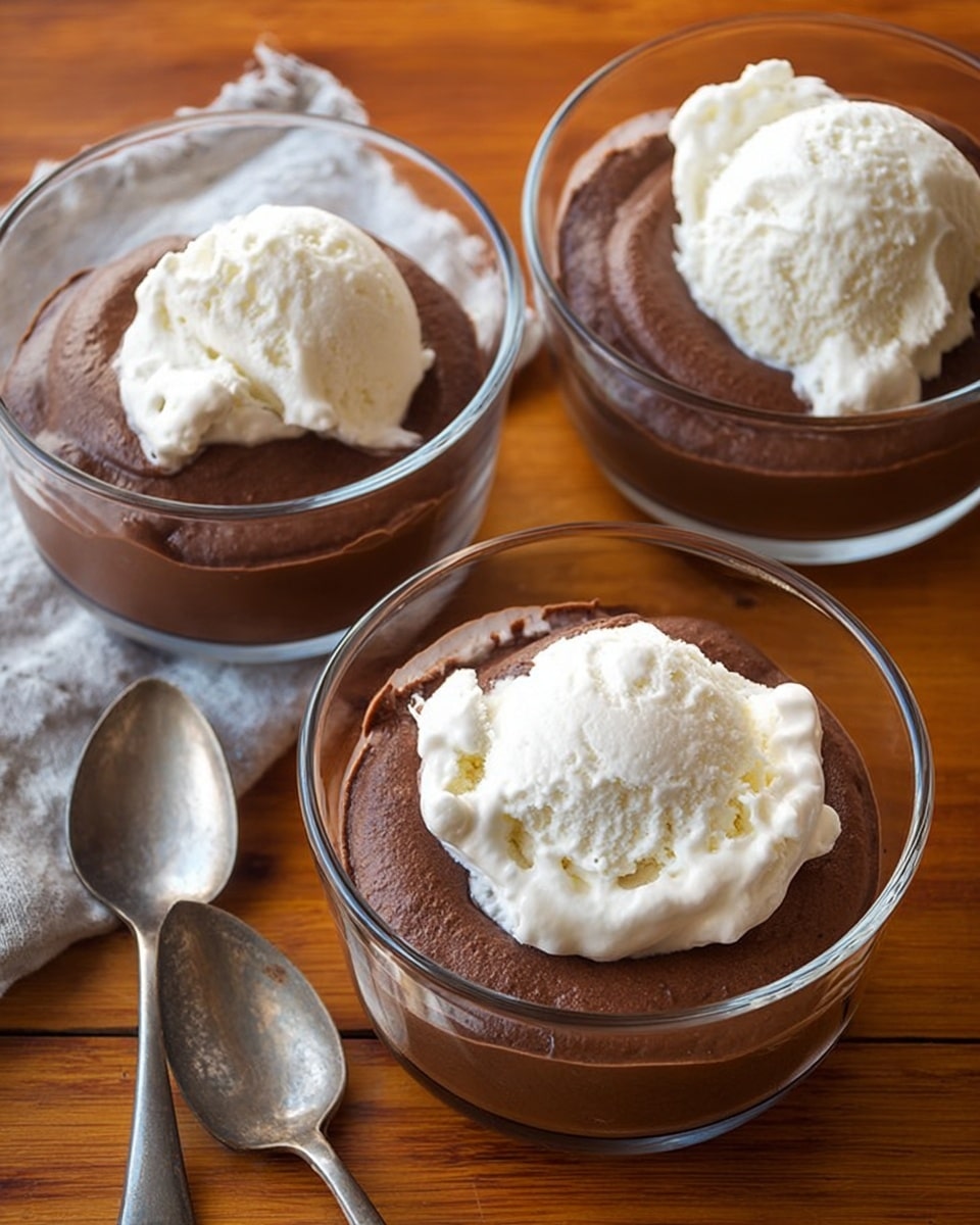 Three clear glass bowls are filled with a smooth, thick layer of dark brown chocolate mousse as the bottom layer, each topped with a large scoop of white vanilla ice cream placed unevenly, showing a rough creamy texture and soft edges. The bowls are set on a warm wooden surface with two silver spoons lying nearby, reflecting light softly. The overall look is inviting and rich, with the contrast between the dark chocolate and white ice cream standing out clearly. Photo taken with an iphone --ar 4:5 --v 7