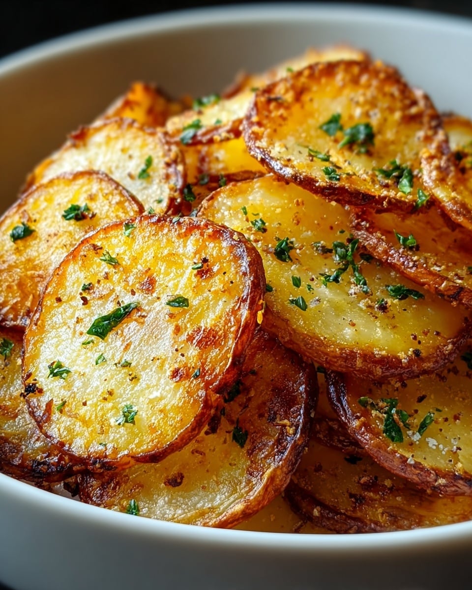 A close-up view of a bowl filled with several layers of golden brown, crispy potato slices that have a slightly rough, crunchy texture on the edges. Each potato slice is thin and round, with a warm yellow center and darker toasted edges. Scattered green parsley bits and small flakes of seasoning are evenly sprinkled on top, adding a fresh and colorful contrast. The bowl itself is white, and the photo is set on a white marbled background, highlighting the rich colors and textures of the potatoes. photo taken with an iphone --ar 4:5 --v 7