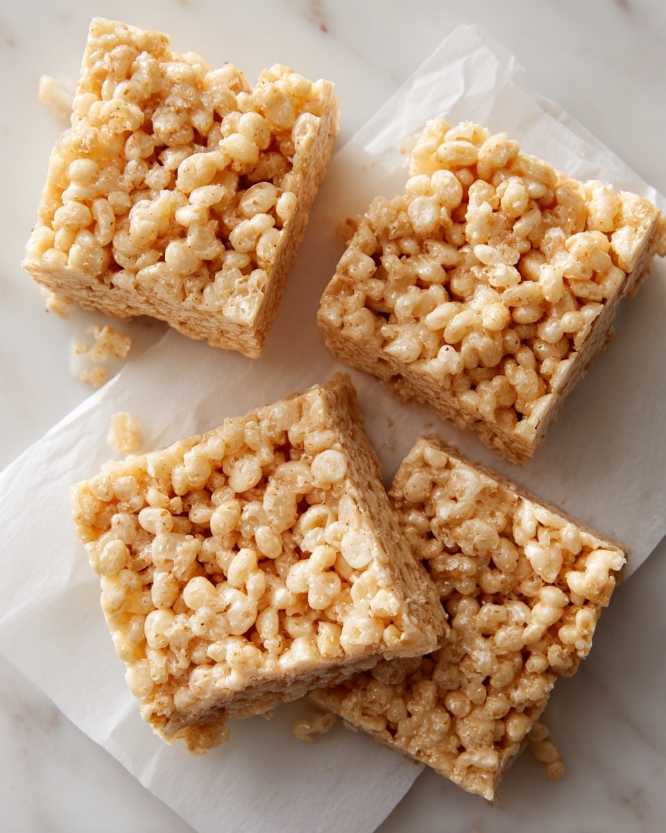 The image shows a close-up of four square treats made of small, light beige crispy pieces bound together in a sticky, glossy texture. Each treat is separated by a piece of white parchment paper beneath it, laid out on a white marbled surface. The shapes are irregular but roughly square, with a rough, bumpy texture showing the clusters of crispy bits clearly. The lighting makes the sticky coating shine softly, emphasizing the crunchy texture and the pale golden color of the treats. Photo taken with an iphone --ar 4:5 --v 7