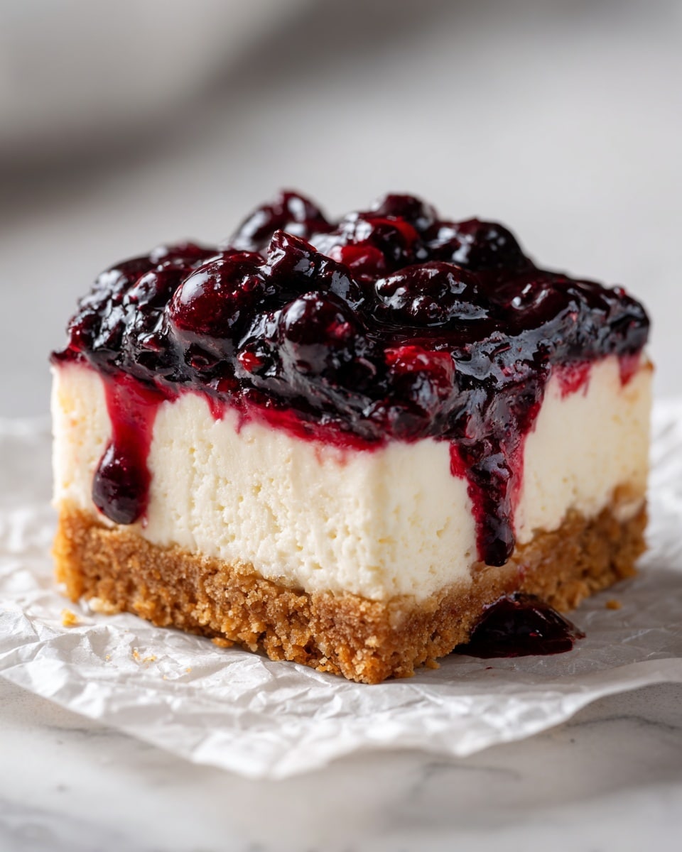 A square dessert bar with three visible layers is shown on crinkled parchment paper placed on a white marbled surface; the bottom layer is a light brown crust that looks firm but crumbly, the middle layer is a thick, creamy white cheesecake layer with a smooth texture, and the top layer is a glossy dark red and deep purple berry compote made of whole and crushed berries, spread unevenly and slightly dripping over the edges. Photo taken with an iphone --ar 4:5 --v 7